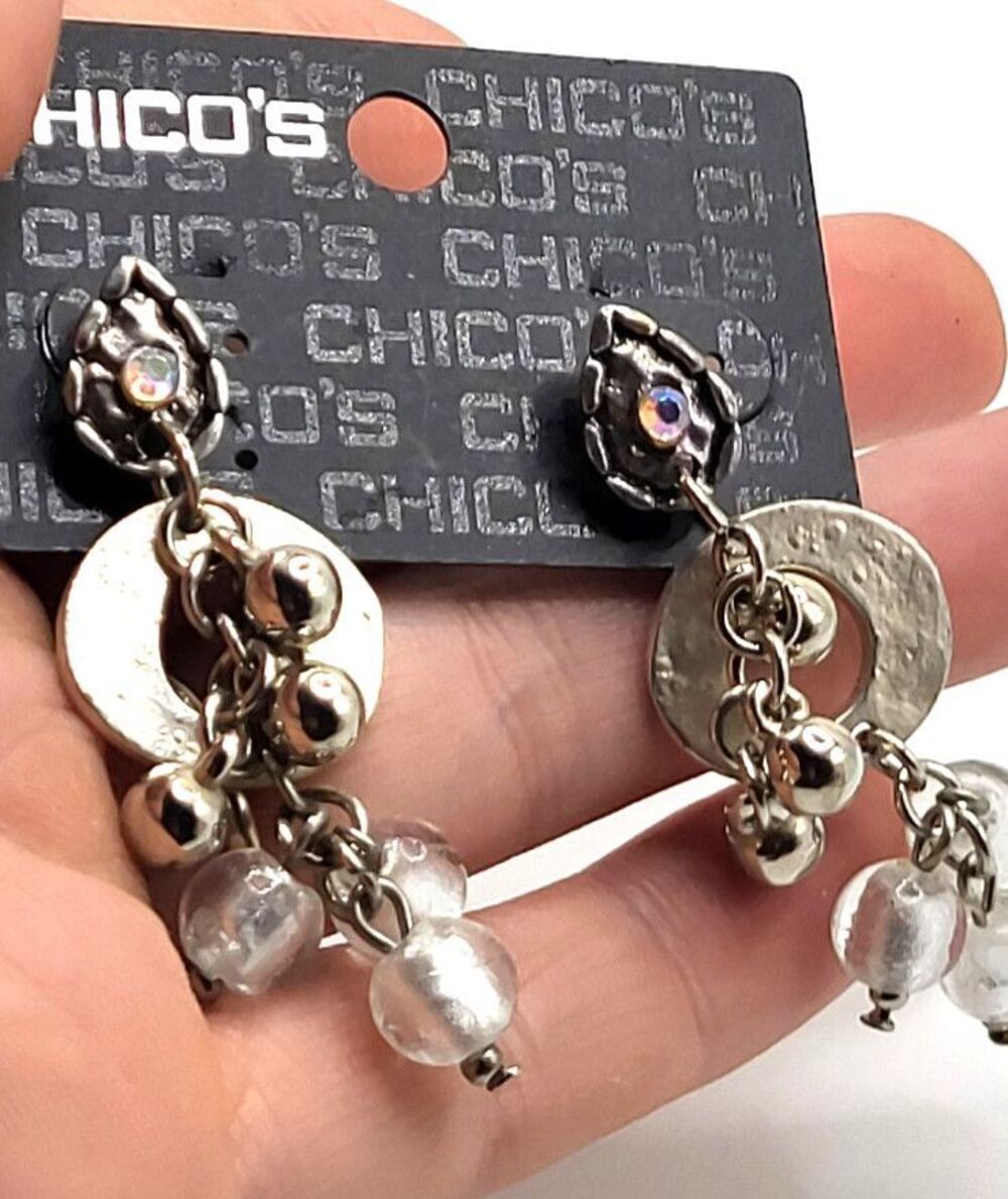New With Tags Chico's Earrings AB Crystal Blown Glass Dangle Drop 2in